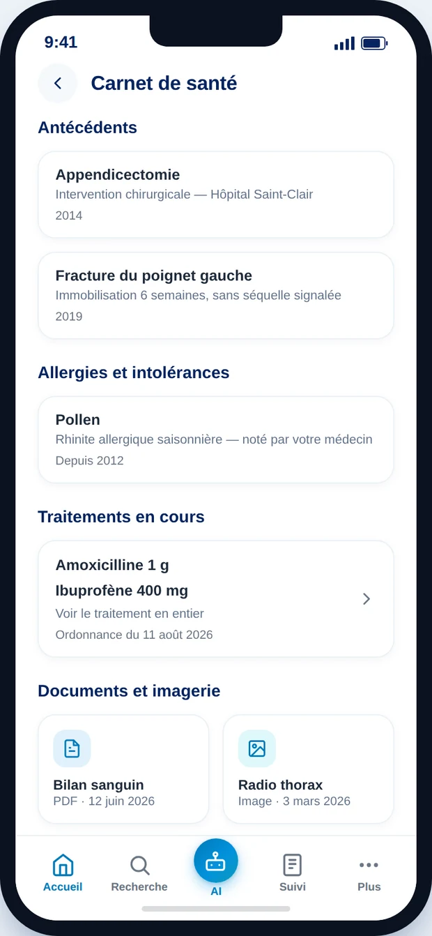 Carnet de santé, écran de la maquette AZnDOC